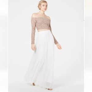 NWT City Studio Long sleeve Formal Lace top taupe. And maxi skirt white.